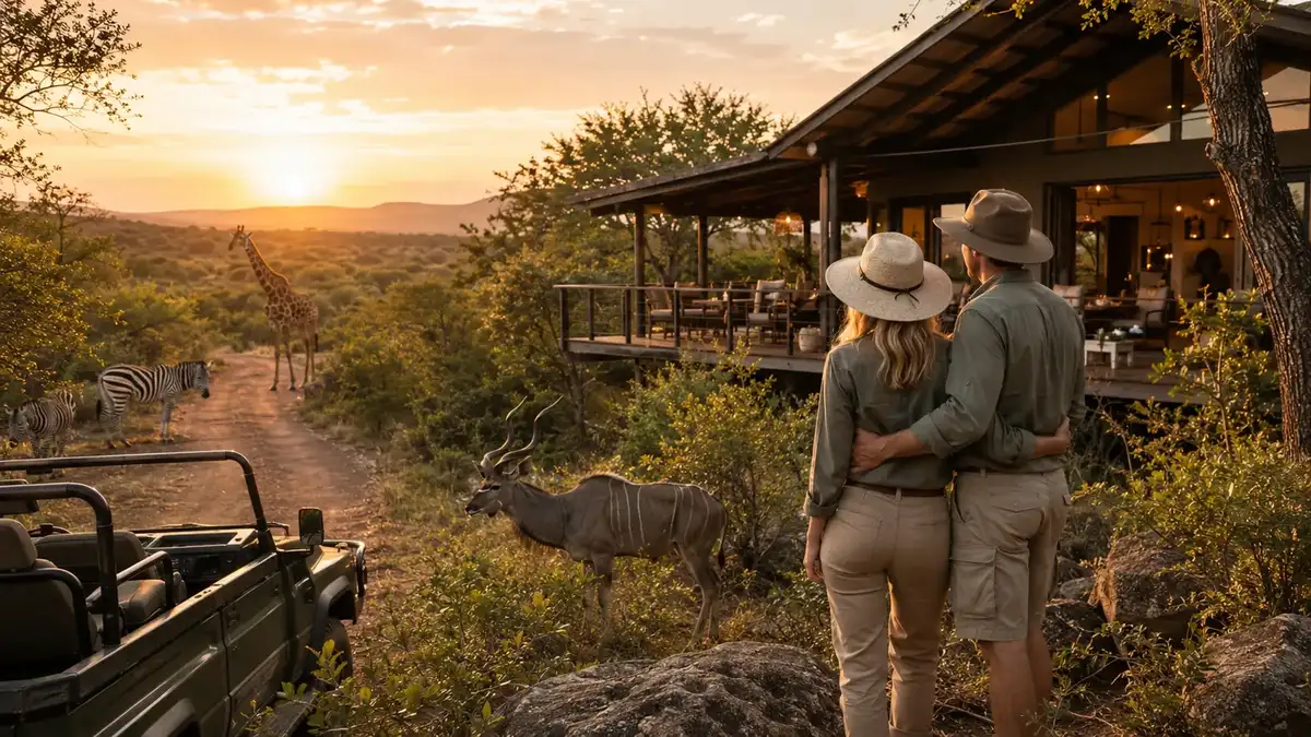 Marloth Park safari lodge scene with wildlife at sunset