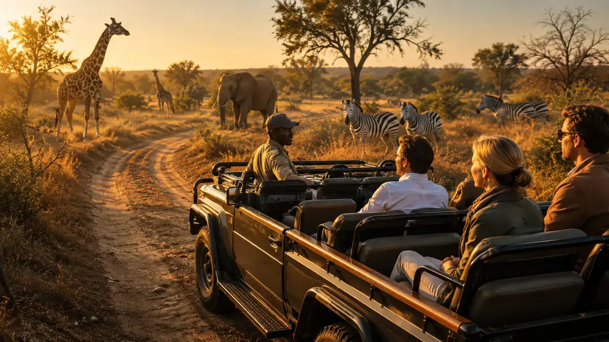 Guided safari vehicle travelling through southern African bushveld