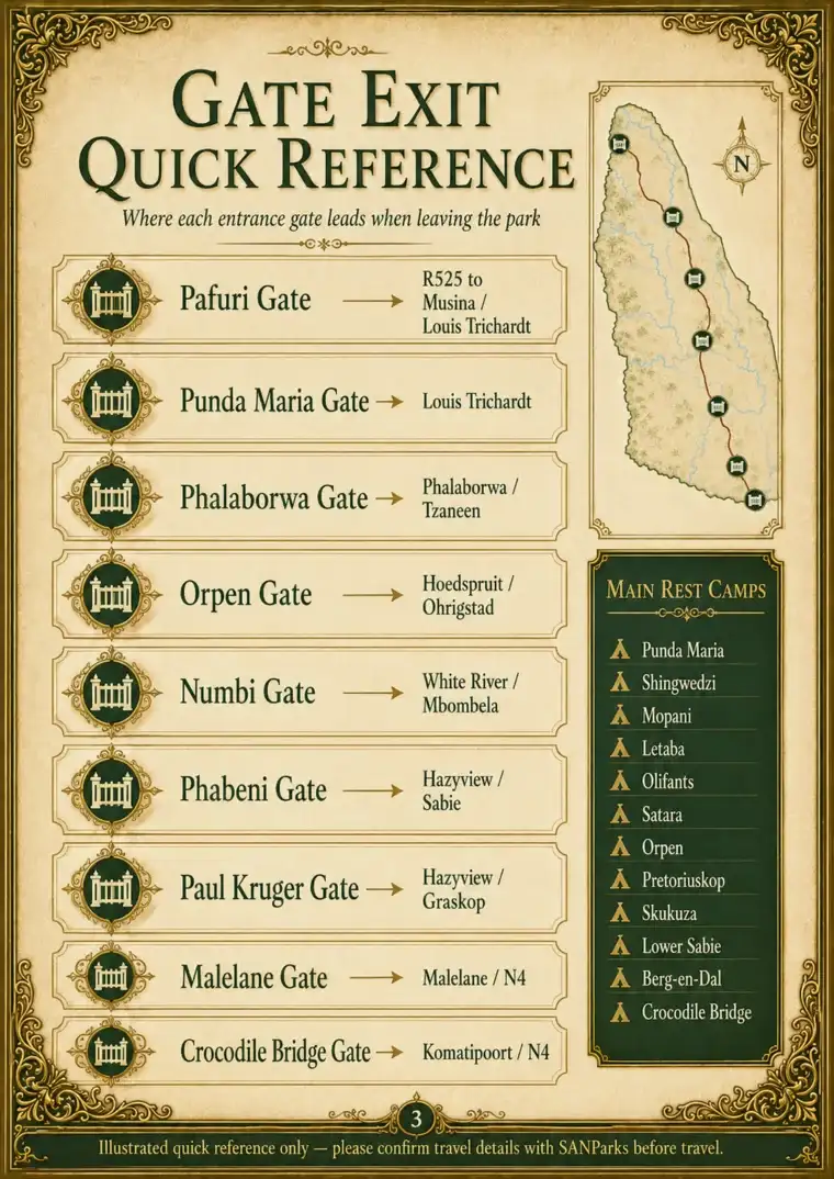 Kruger gate exit quick reference showing where each entrance gate leads