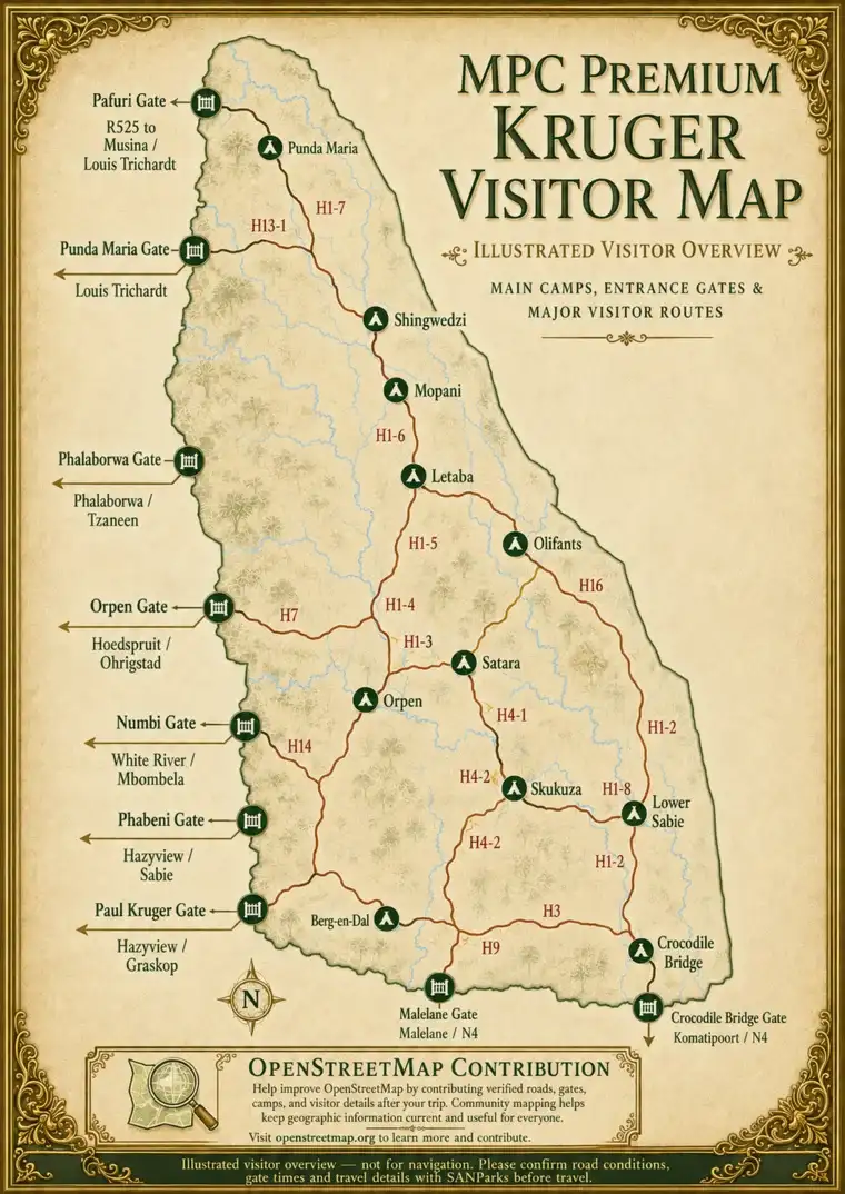 Illustrated Kruger visitor overview with entrance gates, main camps and major routes